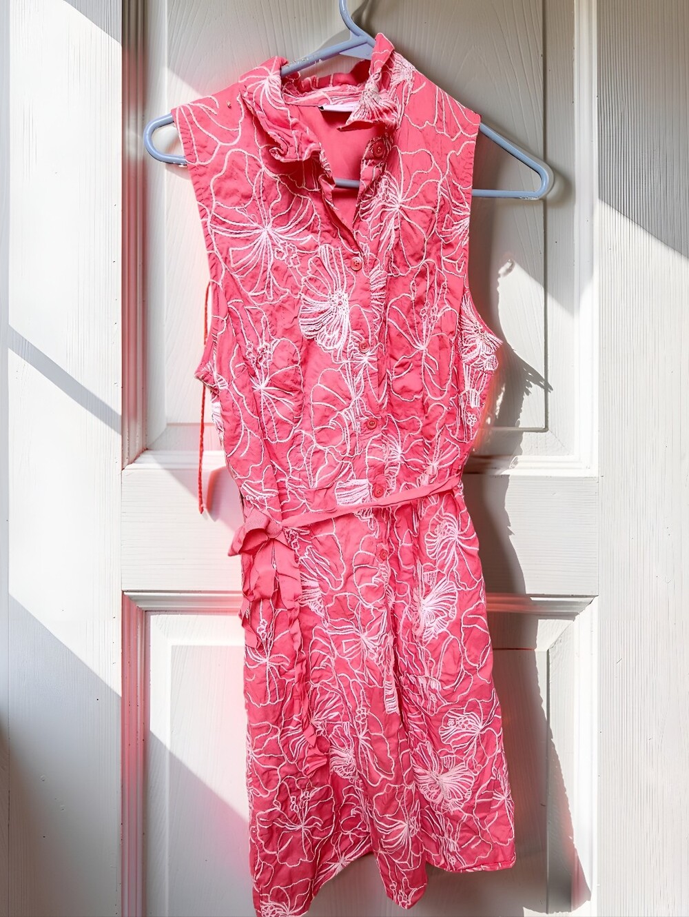 Liz & Co Coral Pink Embroidered Tropical Floral Midi Shirt Dress